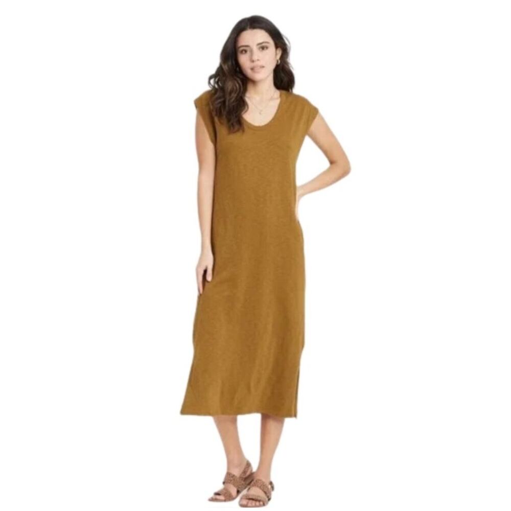 Universal Thread Minimalist Earthy Casual Honey Gold V-Neck Midi Dress - Picture 6 of 6